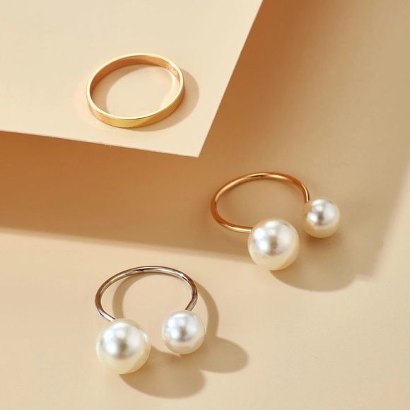Pearl Elegance Ring Set, Double Pearl Ring Set, Pearl Cuff Ring, 3 Ring Set - Picture 4 of 5